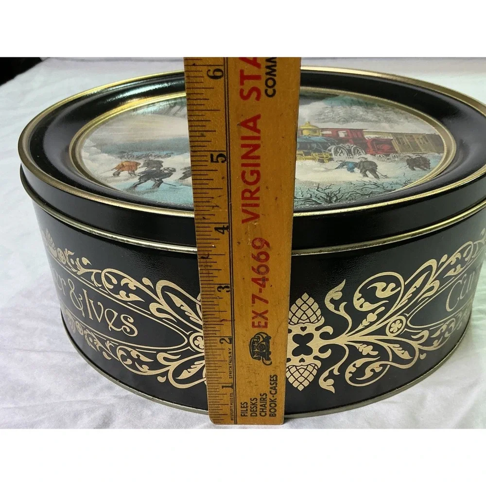 Vintage Currier & Ives Snow Bound Railroad Scene Large Round Cookie Tin 10.5